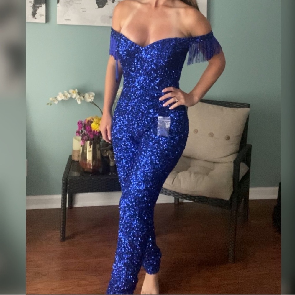Sparkly blue jumpsuit alternative prom dress, pageant fun fashion runway talent - Picture 2 of 4